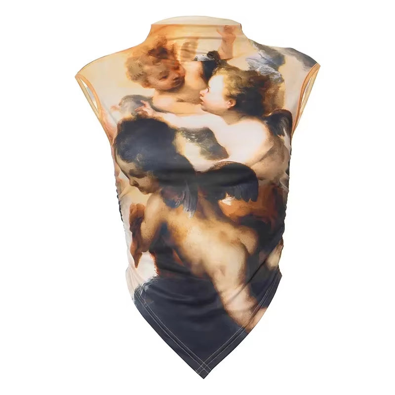 Y2K Vintage Women Angel Baby Printed Irregular Bustiers Tops Retro Oil Painting Sleeveless Cropped Tops Sexy Lady Slim Tank Vest